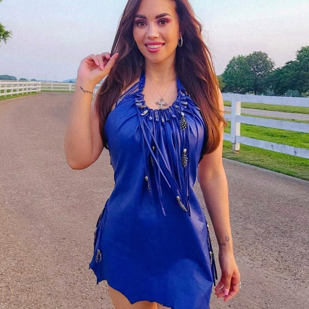 NEW Royal Blue Soft Leather Halter Top with Feather & Beaded Neckline  Size OS